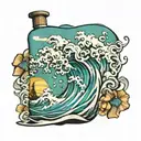 wave, hawaii island, message bottle tattoo design idea
