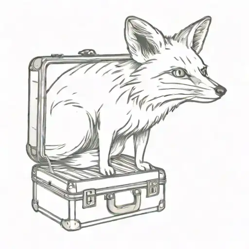 A tattoo of a curious fox peeking out from behind a vintage suitcase, symbolizing a wanderlust spirit tattoo design idea
