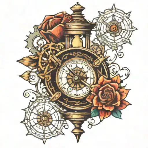 hourglass compass cog wheels connected tattoo design idea