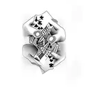 Hands holding playing cards, blackwork tattoo design idea