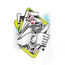 Hands holding playing cards, blackwork tattoo design idea