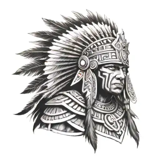 Aztec tribal warrior black and white tattoo design idea