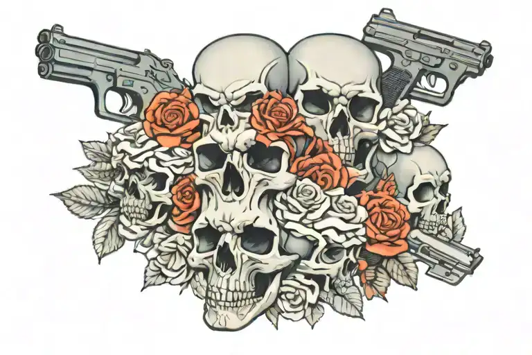 skulls stacked on top of each other with roses and guns  tattoo design idea
