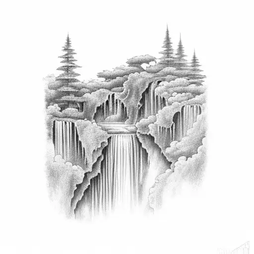 A mesmerizing tattoo of a serene waterfall surrounded by lush greenery, symbolizing your deep connection with nature and your love for water bodies. tattoo design idea