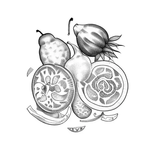 A tattoo design inspired by a traditional quitanda market, featuring an array of colorful fruits and vegetables, representing your love for healthy and organic food. tattoo design idea