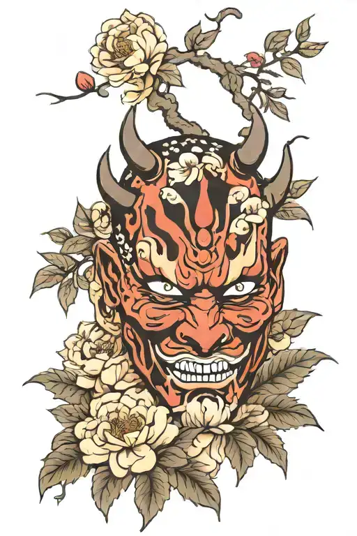 Peonies on top, with darth maul oni mask belo, water and dragon on bottom tattoo design idea