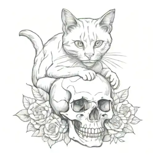 cat sitting on a skull soft shading tattoo design idea