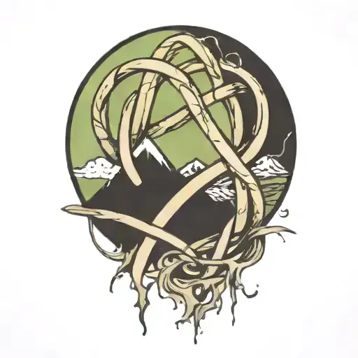 The karmic knot symbol surrounded my mountain peak tattoo design idea