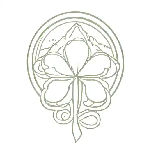 The karmic knot is intertwined with a four-leaf clover in front of a mountain peak tattoo design idea