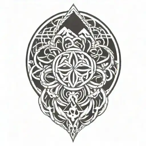 The karmic knot is intertwined with a four-leaf clover in front of a mountain peak tattoo design idea