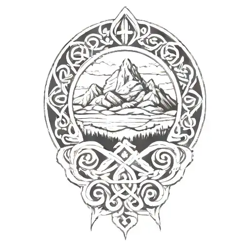 The karmic knot is intertwined with a four-leaf clover in front of a mountain peak tattoo design idea