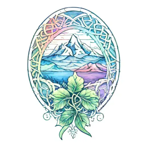 The karmic knot is intertwined with a four-leaf clover in front of a mountain peak tattoo design idea