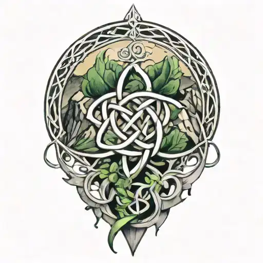 The karmic knot is intertwined with a four-leaf clover in front of a mountain peak tattoo design idea