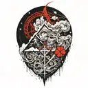 The karmic knot is intertwined with a four-leaf clover in front of a mountain peak tattoo design idea