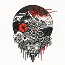 The karmic knot is intertwined with a four-leaf clover in front of a mountain peak tattoo design idea