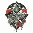 The karmic knot is intertwined with a four-leaf clover in front of a mountain peak tattoo design idea