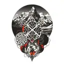 The karmic knot is intertwined with a four-leaf clover in front of a mountain peak tattoo design idea