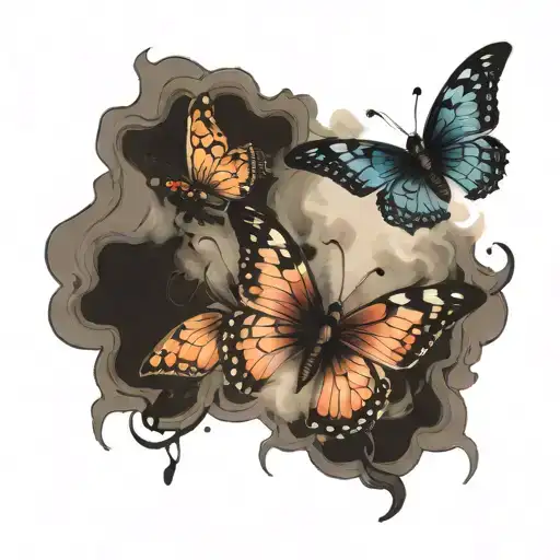 Two butterflies flying with ink smoke  tattoo design idea