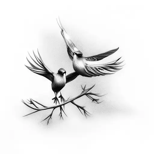 two birds on a branch and two flying next to it tattoo design idea