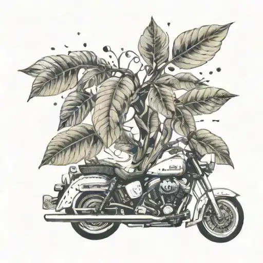 A money tree growing out of a motorcycle engine with musical notes as leaves tattoo design idea