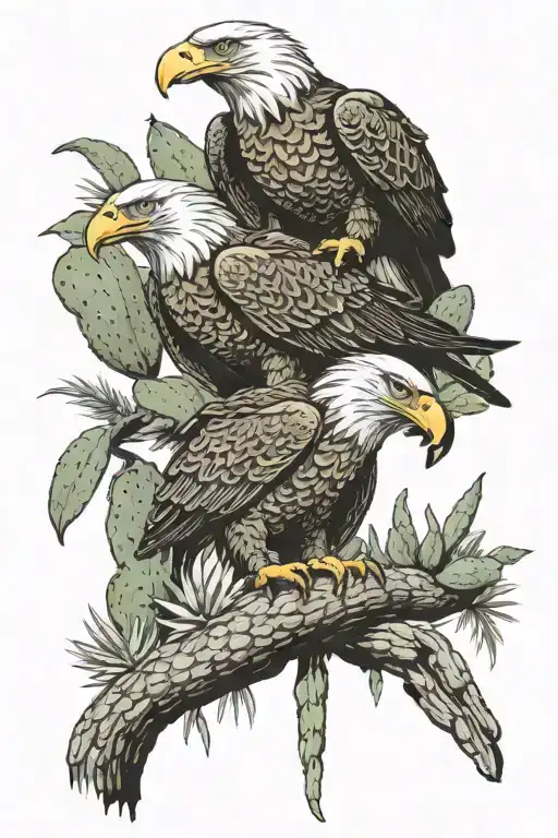 eagles eating snake standing on cactus tattoo design idea