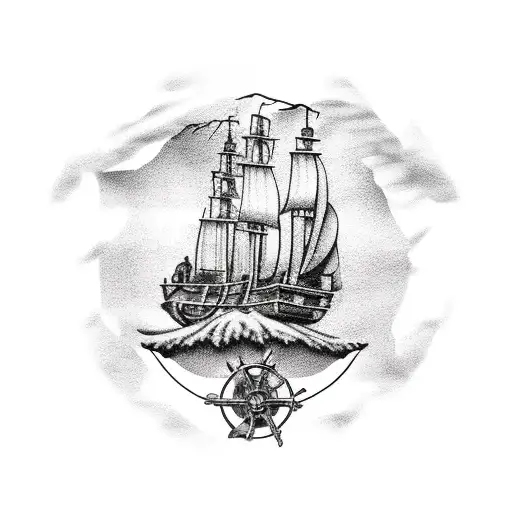 broken pirate ship wheel and palm trees  tattoo design idea