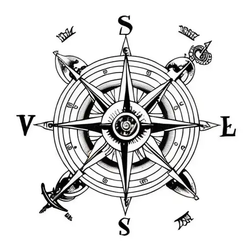 broken pirate ship wheel with compass on it and paml trees  tattoo design idea