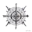 Half broken pirate ship wheel with compass on it and paml trees  tattoo design idea