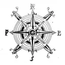 Half broken pirate ship wheel with compass on it and paml trees  tattoo design idea