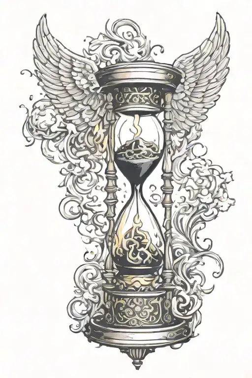 an hourglass with smoke and fire and the bottom and an angel at the top tattoo design idea