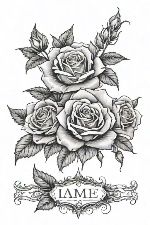 Roses with a name in the middle tattoo design idea