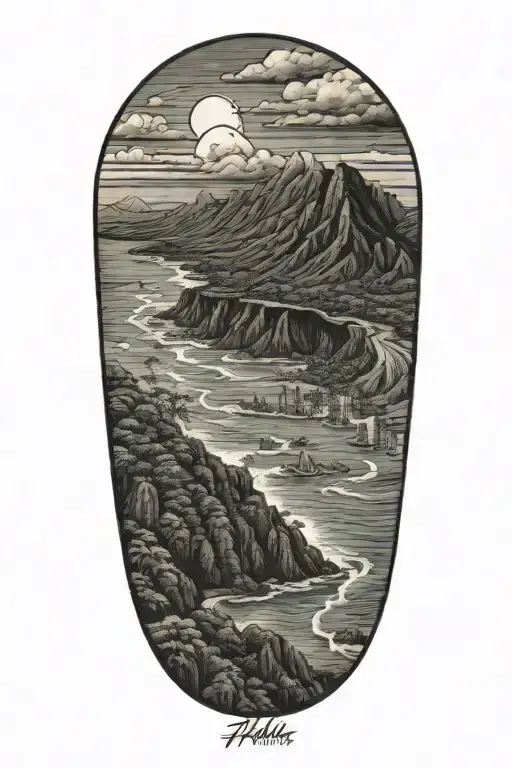 Hawaii shoreline with mountains tattoo design idea