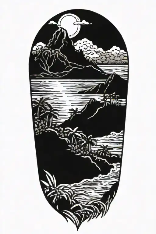 Hawaii shoreline with mountians tattoo design idea