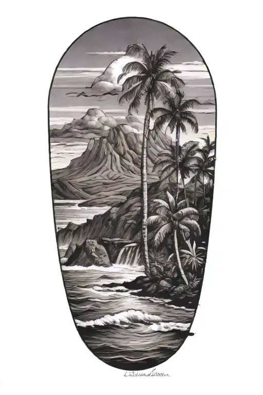 Hawaii's shoreline with mountains with prominent palm tree tattoo design idea