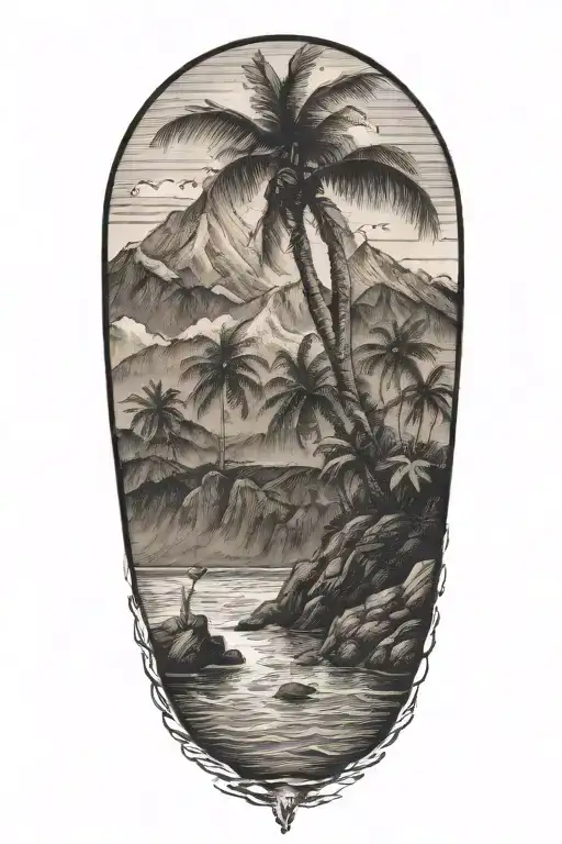 beach in a bottle floating in a mountain pond  tattoo design idea