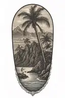 Hawaii's shoreline with mountains with prominent palm tree tattoo design idea