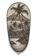 Hawaii's shoreline with mountains with prominent palm tree tattoo design idea