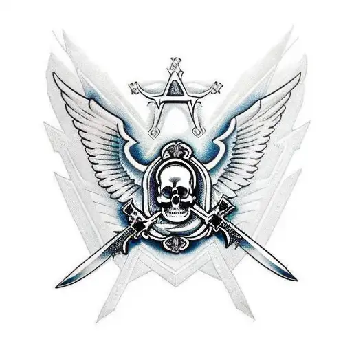 A skull and cross swords above big eagle wings tattoo design idea