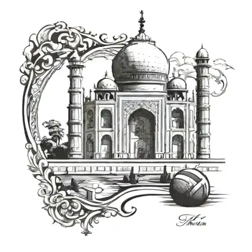 A realistic tattoo of a majestic Taj Mahal structure with a football theme integrated into the architecture, representing the client's admiration for the iconic monument and their football career tattoo design idea