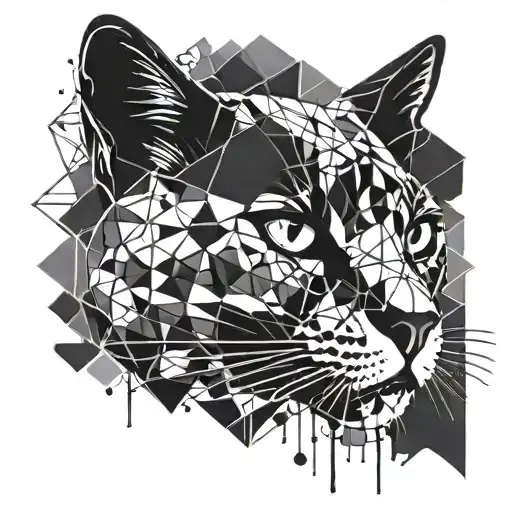 Geometric design incorporating a cat silhouette and paint splatters in blackwork style tattoo design idea