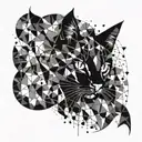 Geometric design incorporating a cat silhouette and paint splatters in blackwork style tattoo design idea