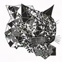 Geometric design incorporating a cat silhouette and paint splatters in blackwork style tattoo design idea