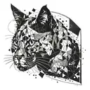 Geometric design incorporating a cat silhouette and paint splatters in blackwork style tattoo design idea