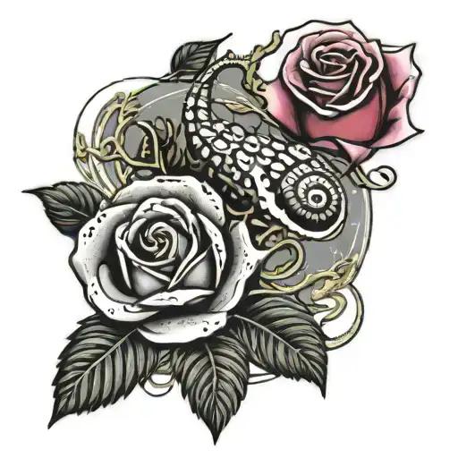 a rose with roots like a tree (scary style), a snail, a religious mantis on one of the branches and stars in the sky tattoo design idea