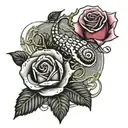 a rose with roots like a tree (scary style), a snail, a religious mantis on one of the branches and stars in the sky tattoo design idea