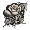 a rose with roots like a tree (scary style), a snail, a religious mantis on one of the branches and stars in the sky tattoo design idea