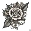 a rose with roots like a tree (scary style), a snail, a religious mantis on one of the branches and stars in the sky tattoo design idea