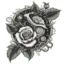 a rose with roots like a tree (scary style), a snail, a religious mantis on one of the branches and stars in the sky tattoo design idea