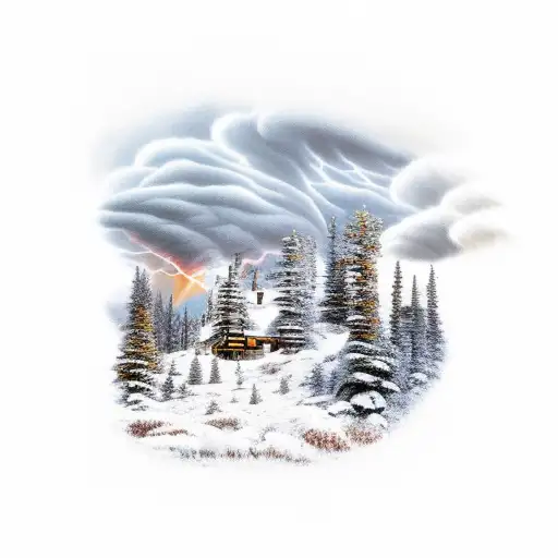 Mountain cabin on a sunny day with storm approaching and lightnings tattoo design idea