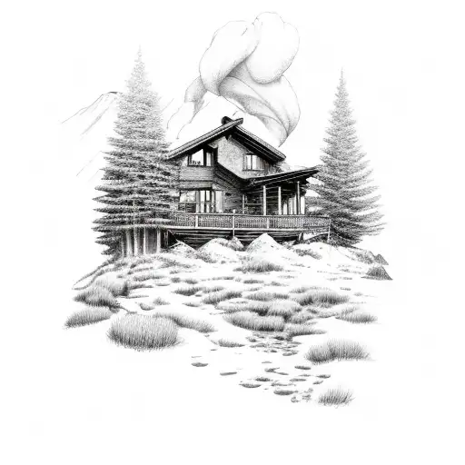 Mountain cabin on a sunny day with storm approaching and lightnings tattoo design idea